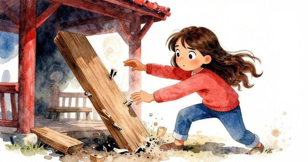 米拉努力撬起老舊木板，灰塵飛揚中展現堅毅與掙扎，室內殘破卻充滿秘密藝術氣息。