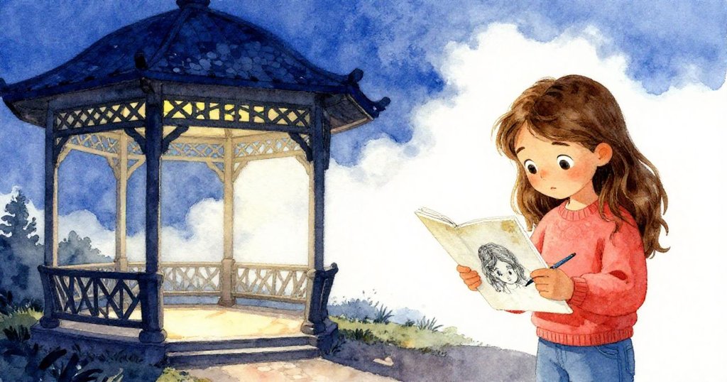 米拉在夕光中專注畫稿，身旁神秘馬賽克閃耀餘光，寧靜溫暖中流露出滿足與告別之情。