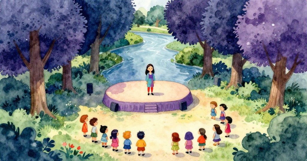 Maya站在樹木與河流環繞的小舞台旁,孩子們圍觀,天空和大地交織出溫馨開端的氛圍。