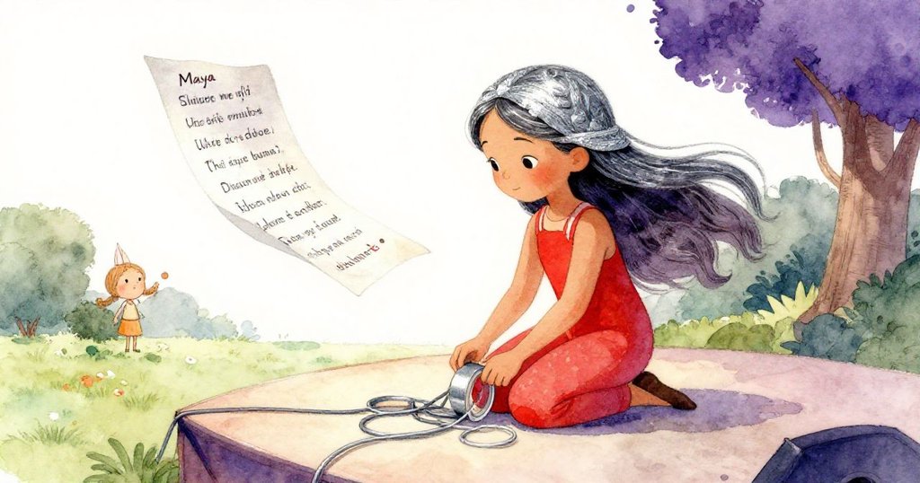 Maya蹲下仔細整理電纜和銀色膠帶,側光下她專注神情顯現緊張與堅定,詩稿隨風飄散。