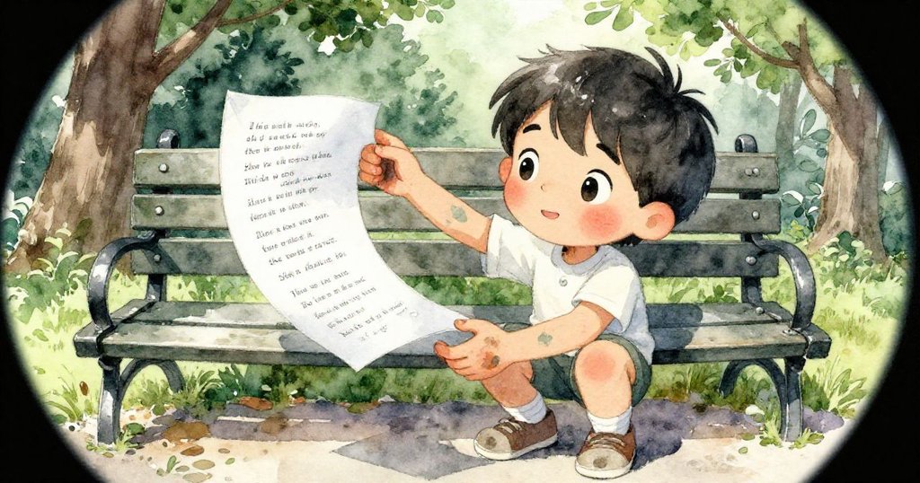 Theo在長椅旁彎腰拾起飛舞的詩稿,手上斑駁顏料與自信神情展現出文藝與專注的瞬間。