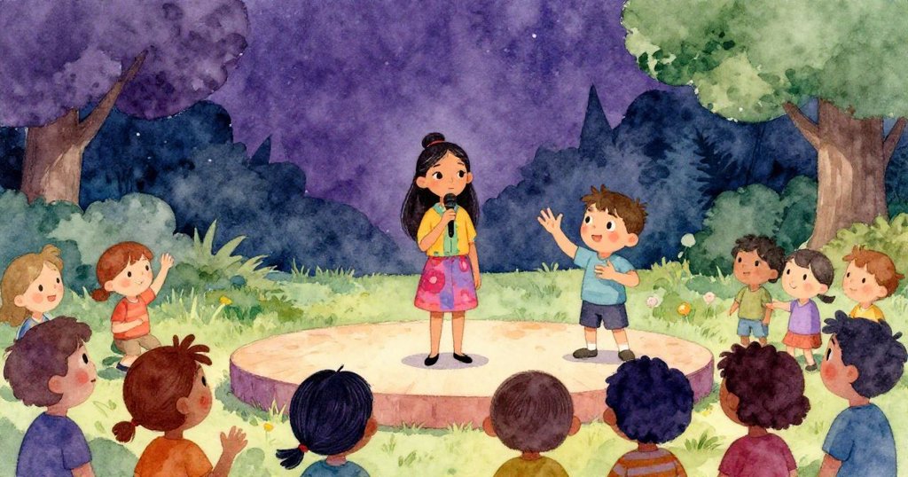 Maya站在舞台上用清晰聲音朗誦詩歌,旁邊的Theo以流暢手勢表達詩意,觀眾靜心傾聽感動。