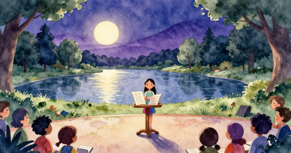 夕陽下Maya於舞台上微笑告別,詩稿穩放講台,遠處河面映出柔光,觀眾熱情鼓掌情境溫暖。