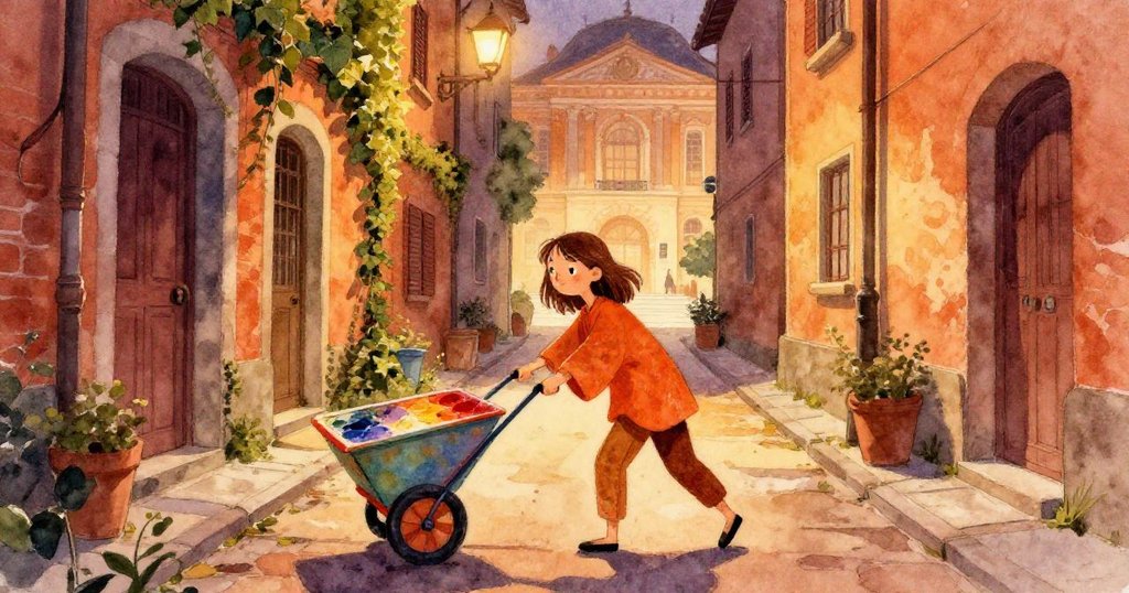 Nora推著油漆車行走在狹窄巷弄，背景隱現博物館與常春藤，神情期待，黃昏光影溫暖洗禮牆面與石路。