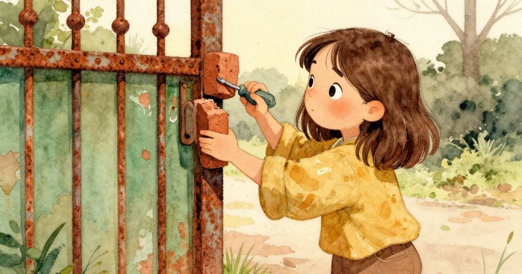 Nora在斑駁鐵門前用磚塊和起子努力撬扣，眉頭微蹙，身旁老牆與藤蔓細節豐富，光影柔和。