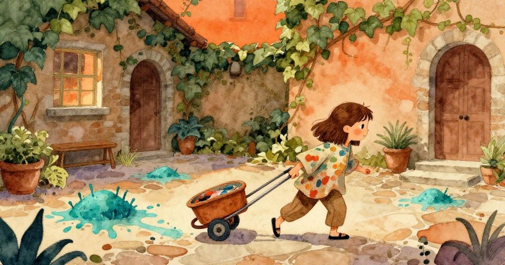 Nora拖著手推車穿過老舊庭院不平石板，藍綠油漆飛濺成細小色島，夕陽映照下神情堅定。