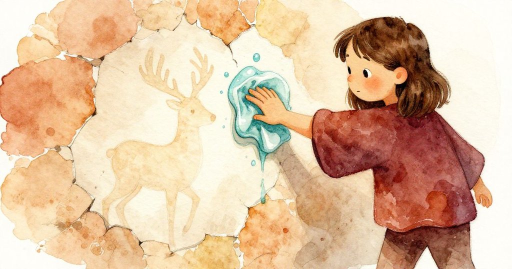 Nora輕拭牆面濺痕，露出褪色鹿形圖案，其手與表情傳達悄然驚喜，背景呈現老牆和暖色微光。