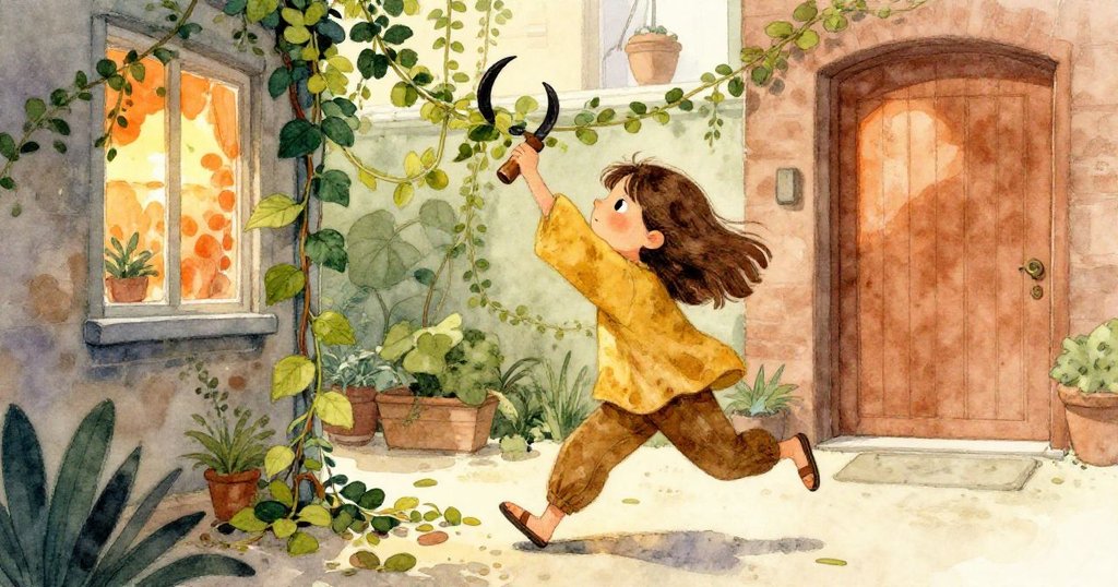 Nora急速奔向角落取園藝鉤，邊跑邊撐開濕重藤蔓，神情果敢急切，背景玻璃反射出火橙光輝。