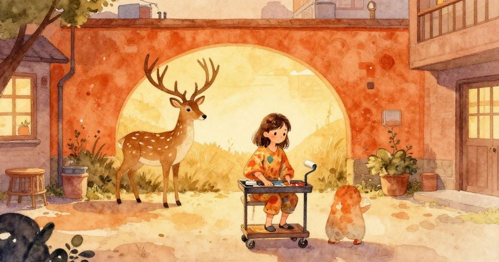 Nora坐在手推車邊欣賞完成的鹿形壁畫與延伸地平線，暮光下色彩溫暖，滿懷驚奇與寧靜的情懷。