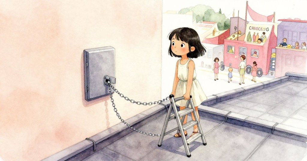 米拉攜帶摺疊梯登上社區中心屋頂，凝望鎖著鏈條的天窗，臉上流露堅定與期待，背景有聚集的鄰居和溫暖陽光。