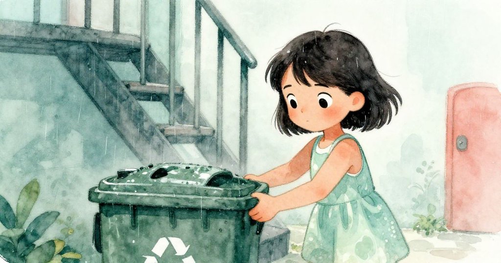 米拉在救火梯旁拖動回收箱作為踏腳台，檢查濕滑表面，臉上流露謹慎和期待，背景展現都市氛圍。