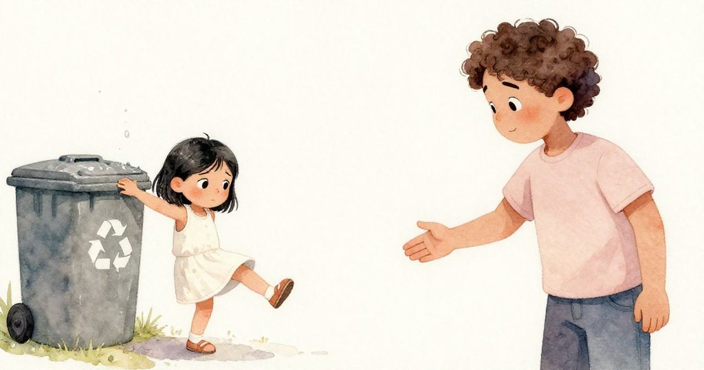 米拉在濕滑回收箱上腳步滑動，露出驚慌神情，塔里克伸手協助穩住箱子，背景映出柔和陽光與溫馨氛圍。