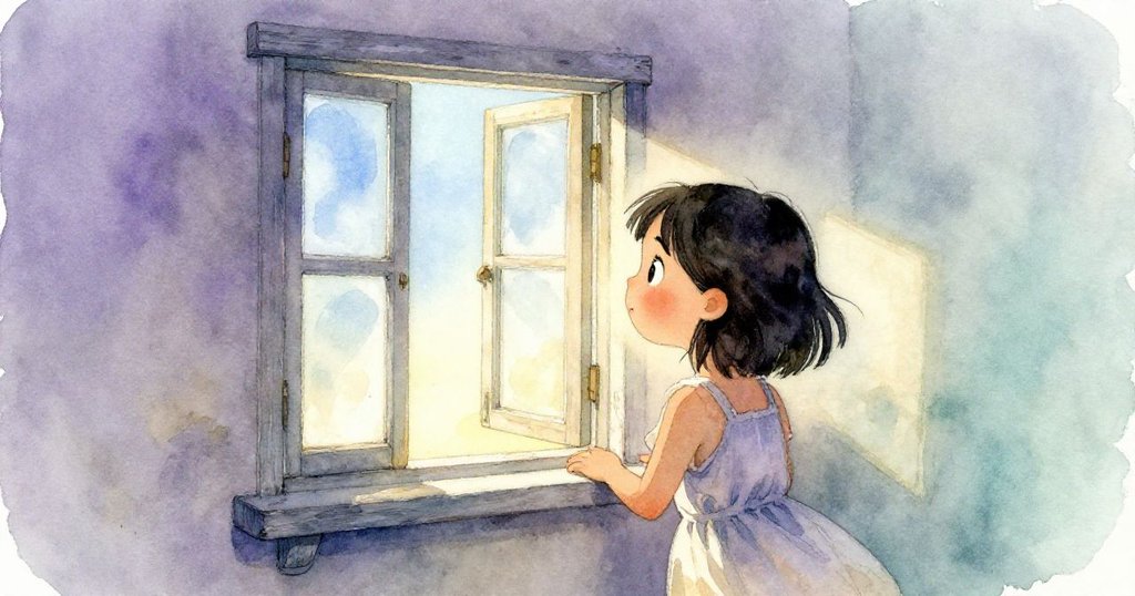 米拉停下腳步注視二樓開放的老窗戶，窗內藍天倒影喚起懷舊驚喜，臉上表情柔和，背景透出溫暖光線。