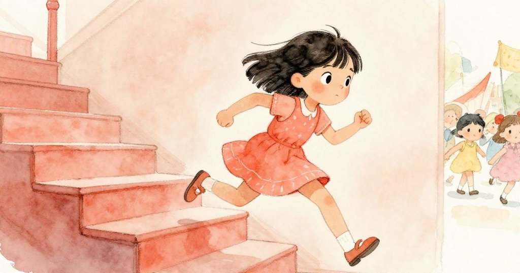 米拉急速奔上室內樓梯，裙擺隨步伐飄動，臉上展現決心和緊迫感，背景隱約映出熱鬧遊行。