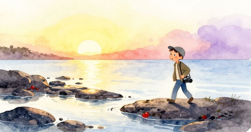 Leo在夕陽映照下抵達海灣,揮動相機,低潮岩石與溫暖晚霞交織,場景寧靜自然充滿希望。