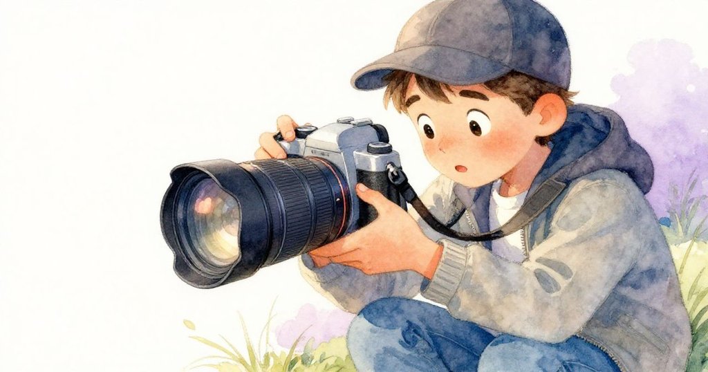 Leo專注調整相機鏡頭,他的手細膩操作,夕陽背景下充滿期待與認真,細節展示專業與溫馨。