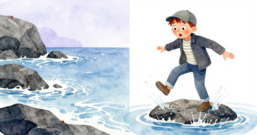 分割畫面左側海浪輕拂岩石,右側Leo意外涉水失衡,動感與驚訝交織,情節從平靜到冒險轉折。