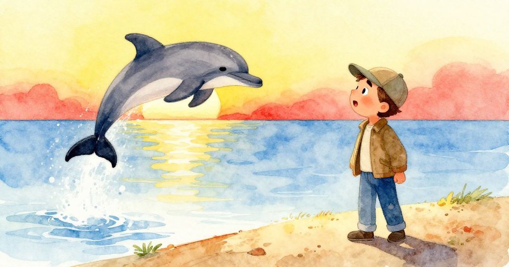 Leo登上沙丘俯瞰海灣,夕陽下海豚優雅拱起,驚喜與敬畏從他眼神中流露,場景浪漫動人。