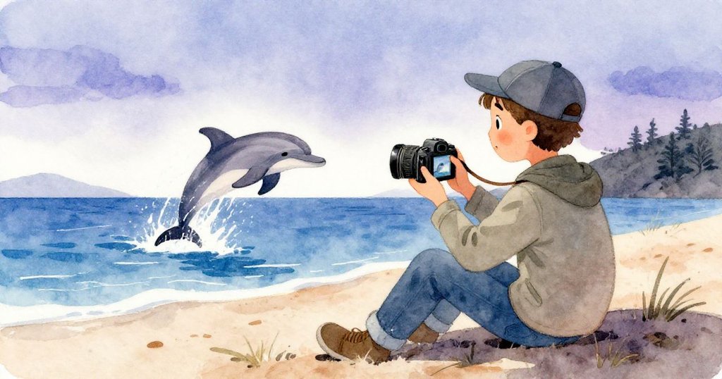 Leo坐在沙丘邊靜看相機上海豚定格瞬間,夕陽轉暗映出滿足與平靜,與自然重聚和諧。