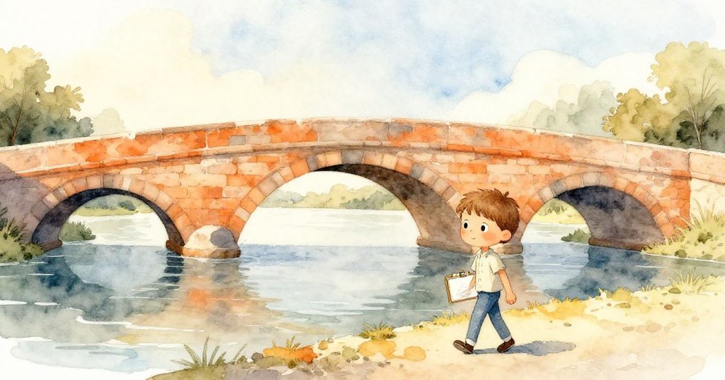 Jamie帶著畫板走向古老石橋,陽光灑落在緩慢流動的水面上,神情充滿期待與專注,展現故事開篇的溫暖氛圍。