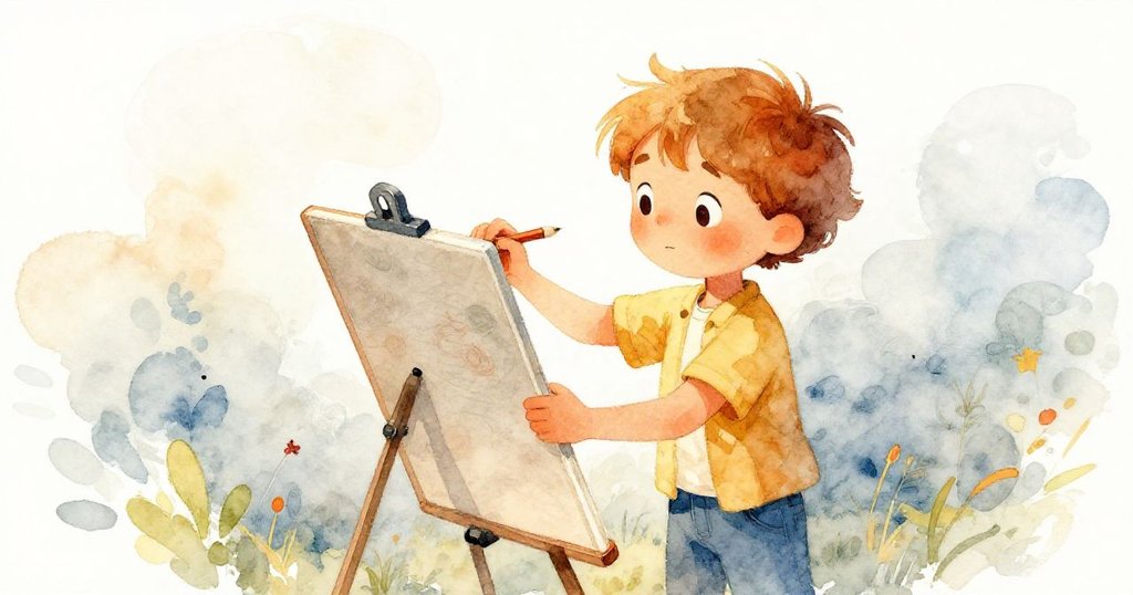 Jamie伸手穩住風吹起角落的畫板,用鉛筆調整不均線條,表情專注與略帶困惑,展示故事發展中的挑戰。