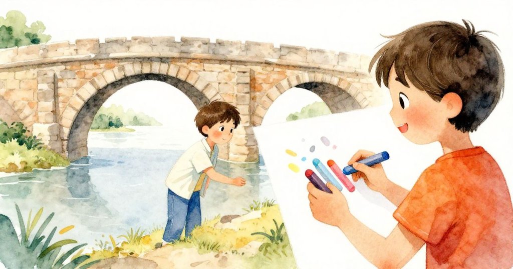 Kai從肩後視角注視著正在畫圖的Jamie,兩人肩並肩,互動中流露出溫暖友誼與輕鬆笑容,呈現故事中期的動態。