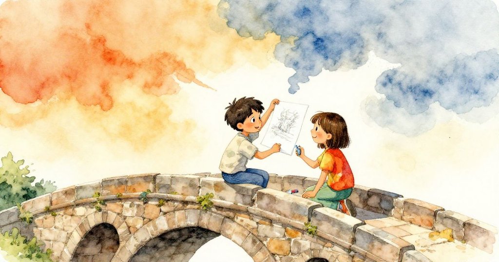 從高處俯視石橋,Jamie與Kai協力穩住畫紙,隨著天邊雲影變幻,光影在水面上流動,展現故事發展的轉折時刻。