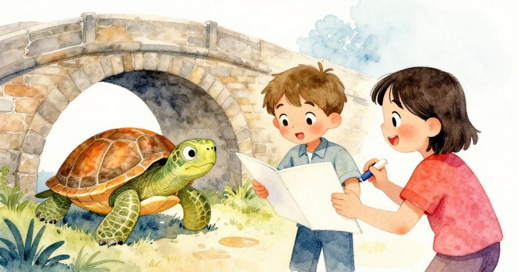 突然水花飛濺,一隻海龜浮出水面,Jamie與Kai急忙調整畫作,表情中透露緊張與興奮,展示情節高潮。