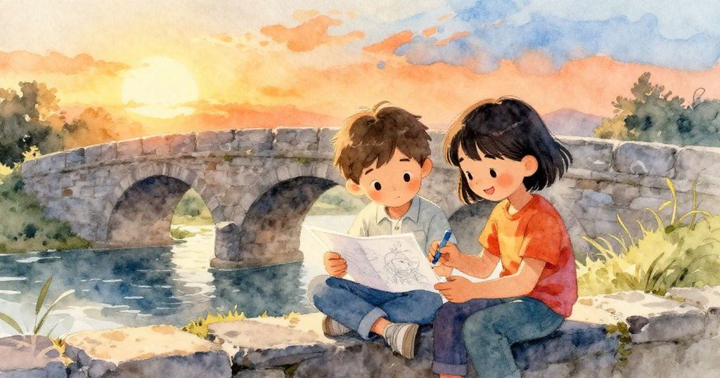 完成畫作後,Jamie與Kai並肩坐在石橋邊,滿足地欣賞作品,臉上洋溢著安寧與喜悅,展現故事結局的平靜與溫馨。