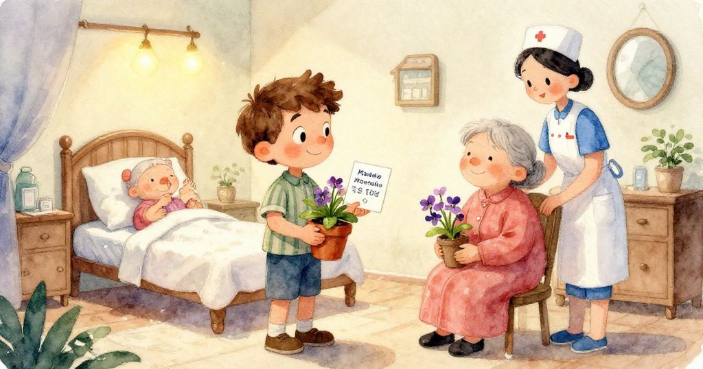 精緻卡片在樓梯欄杆邊滑落，紫羅蘭圖案清晰，背景溫暖，象徵著愛與連結，細節豐富。