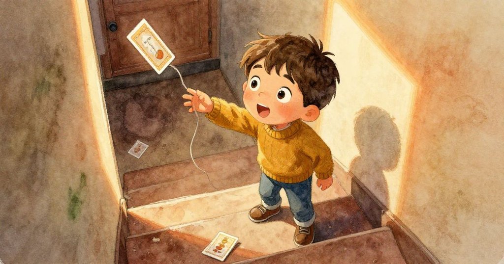 Milo站在樓梯上彎身追卡片，鬆脫鞋帶纏住腳踝，他臉上充滿驚慌與決心，情感豐富。