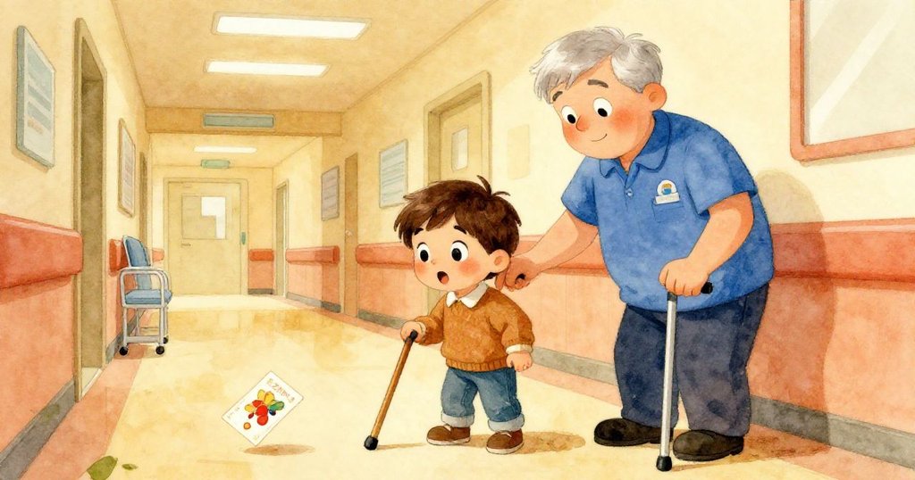 Milo焦急尋找卡片時，Mr. Harris身穿藍色制服從側門出現，溫柔用手杖推動卡片，場景溫馨安定。