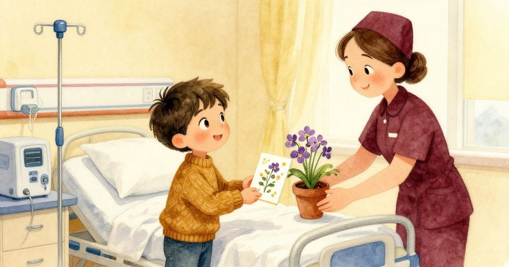 Milo在病房中將裝飾紫羅蘭花樣的卡片遞給調整IV的護士，兩人眼中流露出感激與溫暖，病房靜謐滿希望。