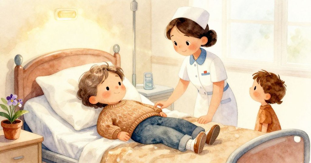 祖母安睡於病床上，護士與Milo靜靜守護，紫羅蘭散發柔光，病房溫馨寧靜充滿安慰。