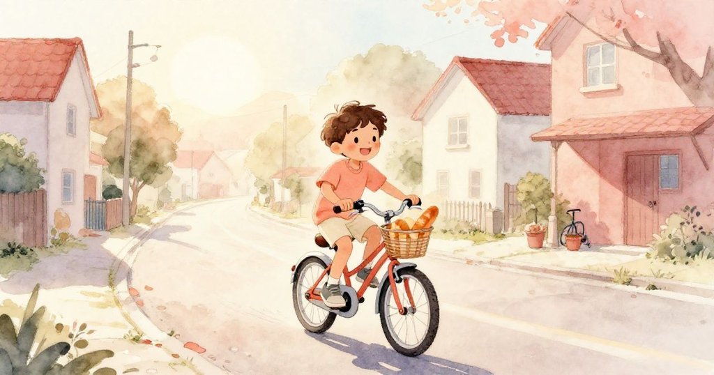 Sam騎著自行車迎著晨光穿越寧靜街道，車籃裡的麵包散發溫暖光芒，臉上寫滿期待與快樂。