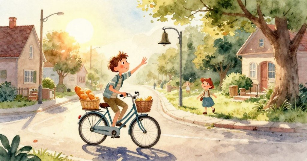 Sam專注地用舊跳繩繫緊自行車籃，手部細節清晰呈現，麵包溫暖誘人，流露堅定細心的神情。