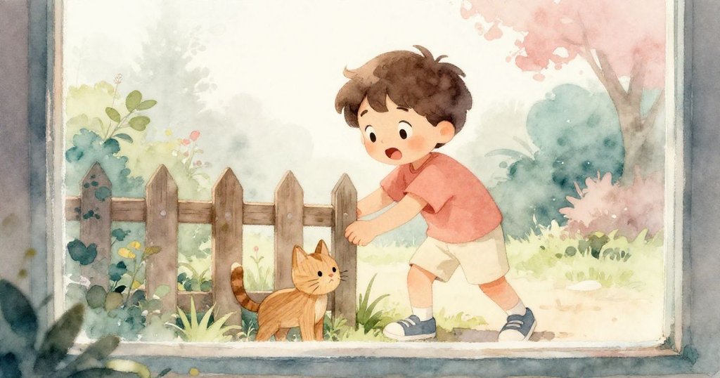 透過鄰居窗戶看見Sam驚訝地從籬笆邊撿起掉落的小木貓，晨光映襯，落葉隨風飛舞。