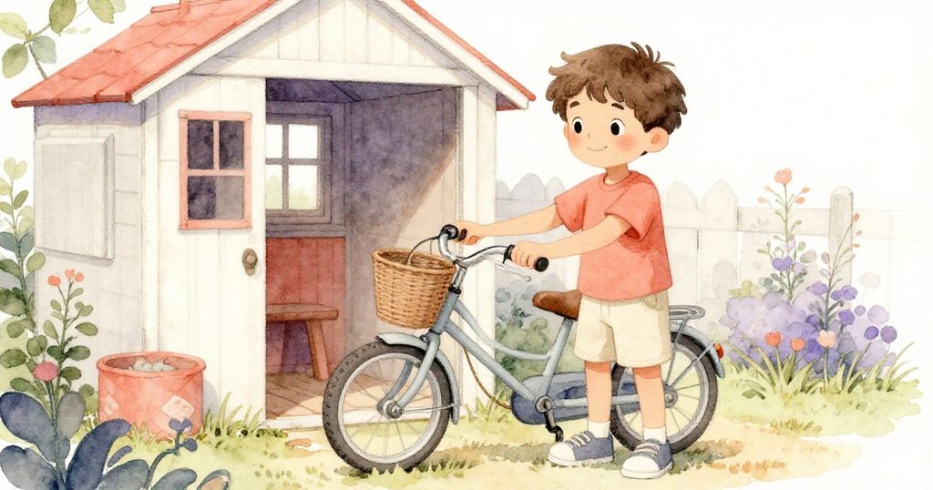 Sam在小木屋前停下來檢查加固的籃子和跳繩，臉上流露出專注與思索，氛圍溫馨柔和。