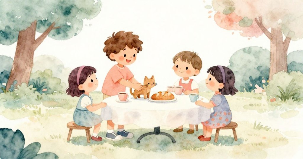 公園裡，鈴聲響起時Sam與Tia及朋友們圍坐在圓桌旁共享點心，陽光灑落滿足與祥和溫暖氛圍。