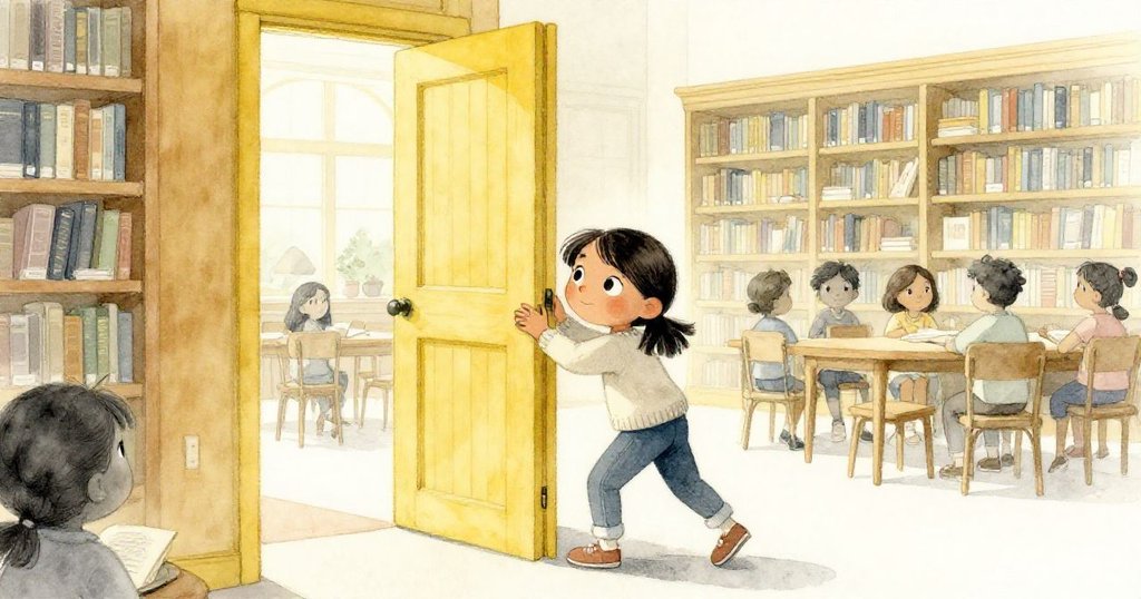 卡米拉推開高大的圖書館木門，步入充滿忙碌學生的空間，臉上流露堅定與期待的情緒。