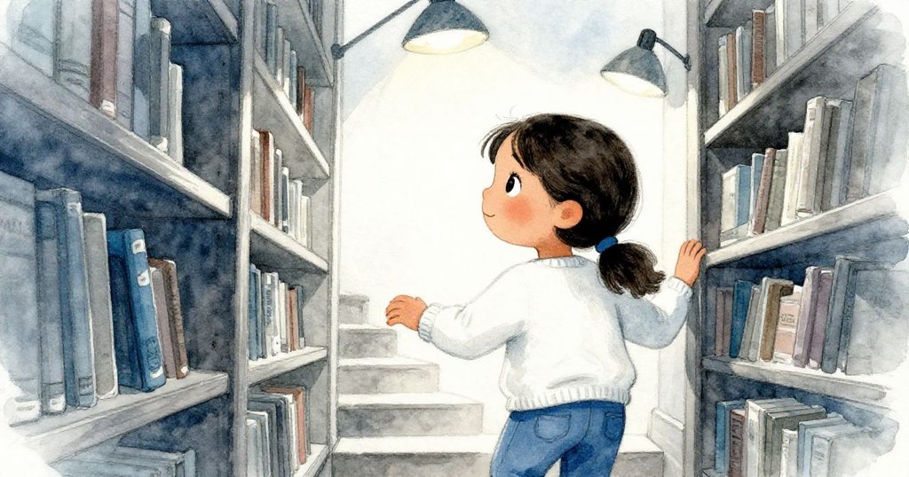 卡米拉背影登上狹窄樓梯，從後方看見歷史書架，燈光微暗下流露一絲好奇與決心。