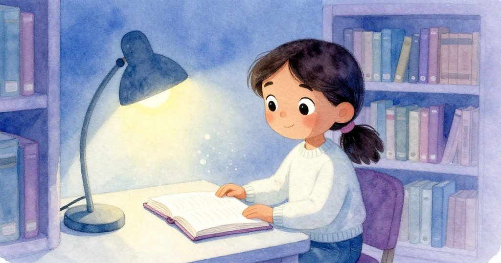 卡米拉在書架間的隱密隔間按下開關，桌燈猶如水下光芒照亮漂浮塵埃，營造出神秘魔幻的氛圍。