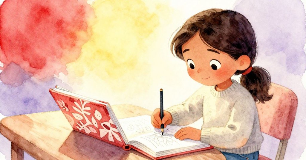 卡米拉完成日記本上的葉子圖案，臉上展露安靜自豪的笑容，溫暖燈光映出滿足與喜悅。