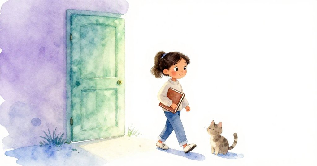 卡米拉抱著完成的日記本走向柔和綠光的門口，一隻圖書館的小貓迎上前，溫馨重逢中流露滿足與歸屬感。