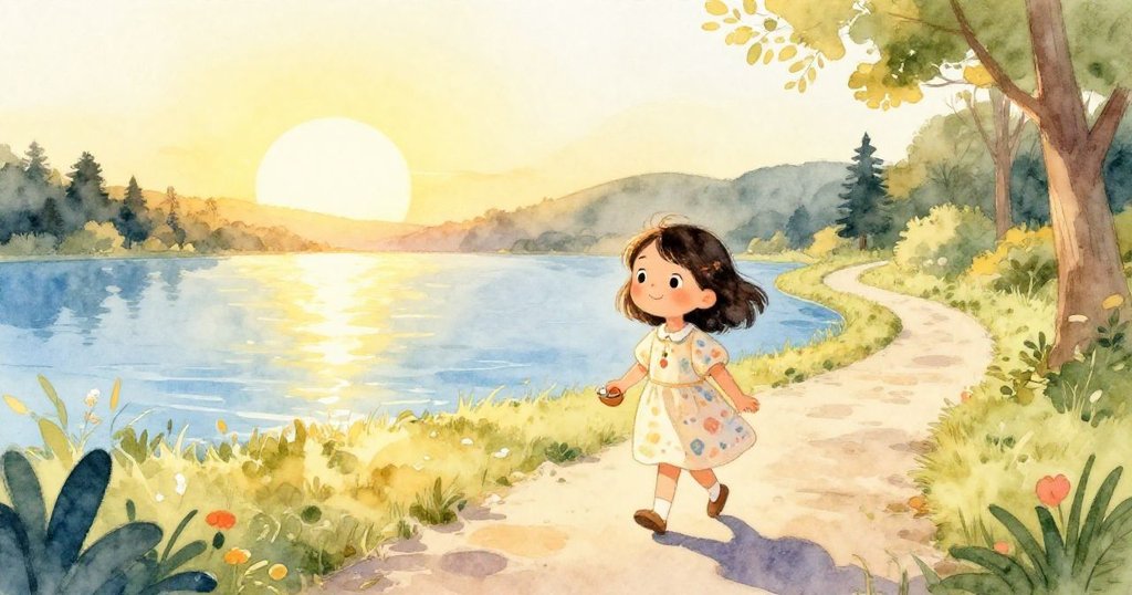 米拉在晨曦中拿著小書本走向湖邊,陽光灑落大地,她步伐輕快且充滿期待,遠處湖面波光粼粼。