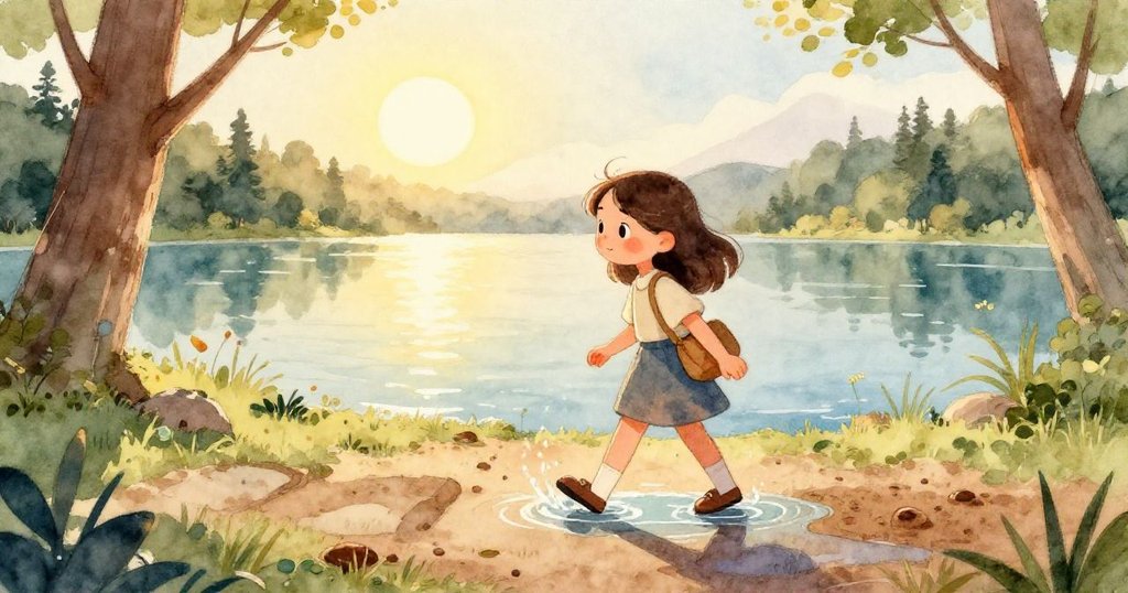 米拉的鞋子踩在濕滑泥濘中,水珠輕觸鞋面展現自然細膩質感,透出謹慎與好奇的情緒。