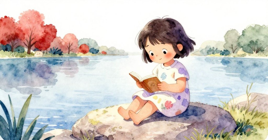 米拉坐在平坦乾燥的石頭上閱讀小書,低角度展現她專注好奇的眼神,背景中湖光山色相映成趣。