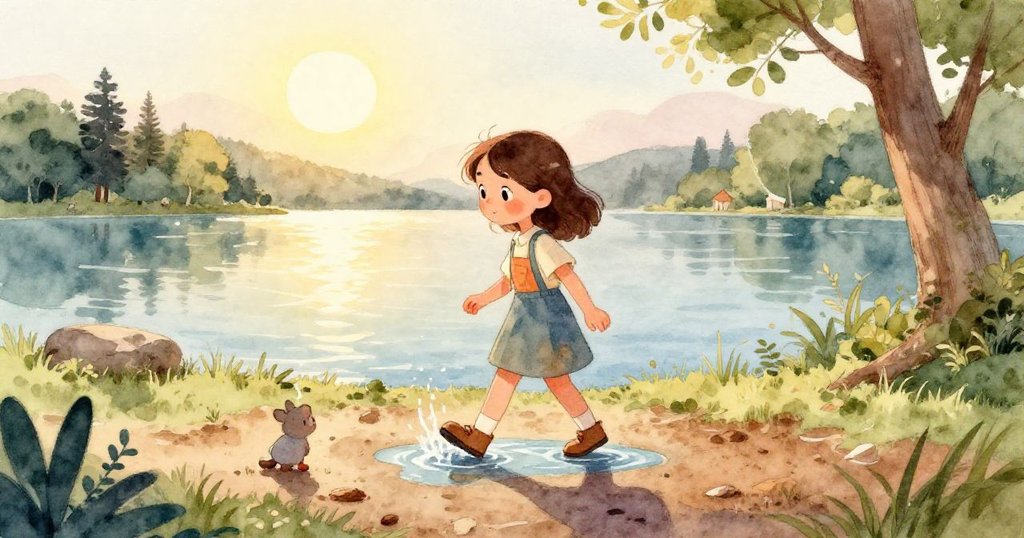 從湖水下方看見一朵黃色花瓣輕舞,水波微漾映出石頭與書本,溫柔光影營造出活潑夢幻的感覺。