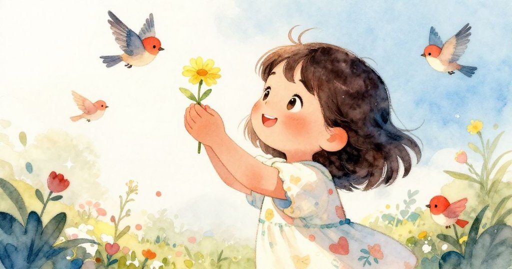 米拉滿臉喜悅地輕拾黃色小花,小鳥在旁飛舞慶賀大自然的溫柔,整個場景充滿歡樂氛圍。