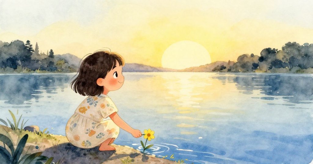 米拉在湖邊放下小花,目光遠眺開闊天際與平靜湖面,充滿期待迎接新冒險,自然氛圍寧靜優美。